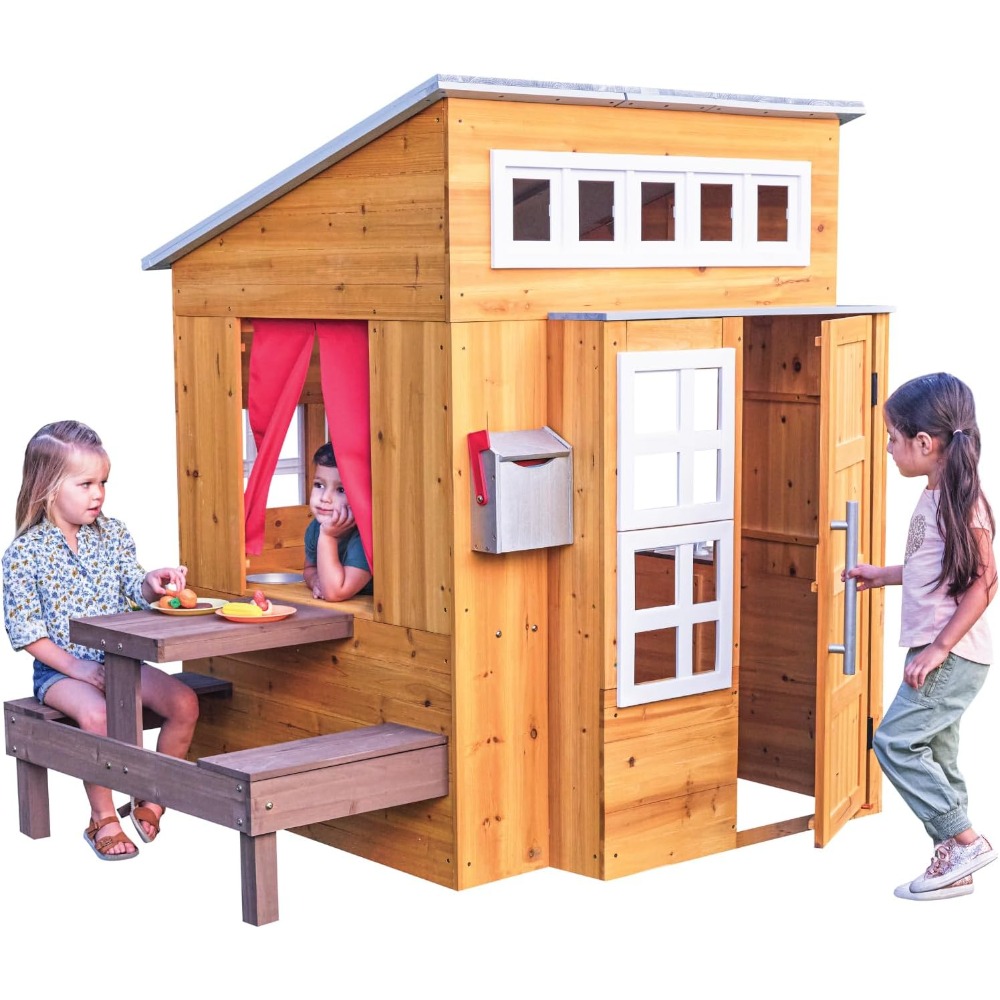Kids Outdoor Picnic Table - Modern Outdoor Wooden Playhouse Set for